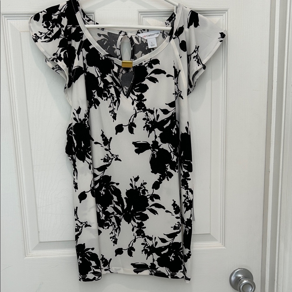 Liz Claiborne Black and White Floral Keyhole Blouse